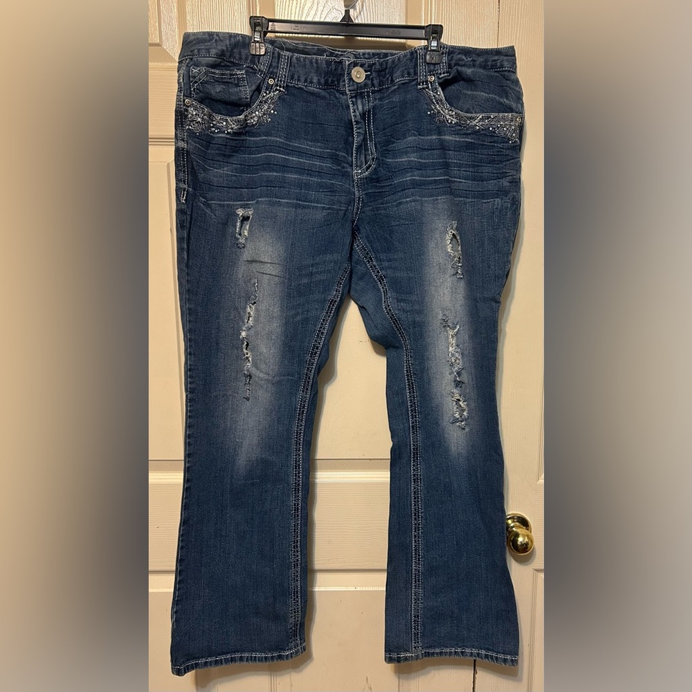 Ariya Dark Blue Straight Leg Jeans with Distressed Details